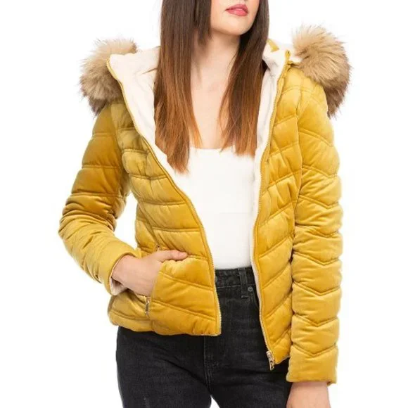 NWT PETA-Approved Vegan Mustard gold / Cream blush Reversible Puffer Coa… - Picture 1 of 10